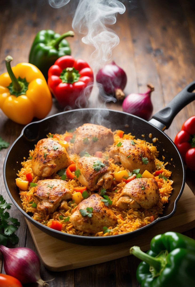 A sizzling skillet of Cajun spiced chicken and rice, steam rising, surrounded by colorful peppers and onions